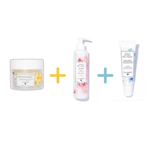Lilaroze Paris - Pack Gommage Corps Extrait de Fleur D'oranger Bio + Lait Corps Extrait de Rose Hydrate et Apaise beurre de karité +  Baume à Lèvres Extrait de Fleur Des Alpes Miel de Tilleul Bio