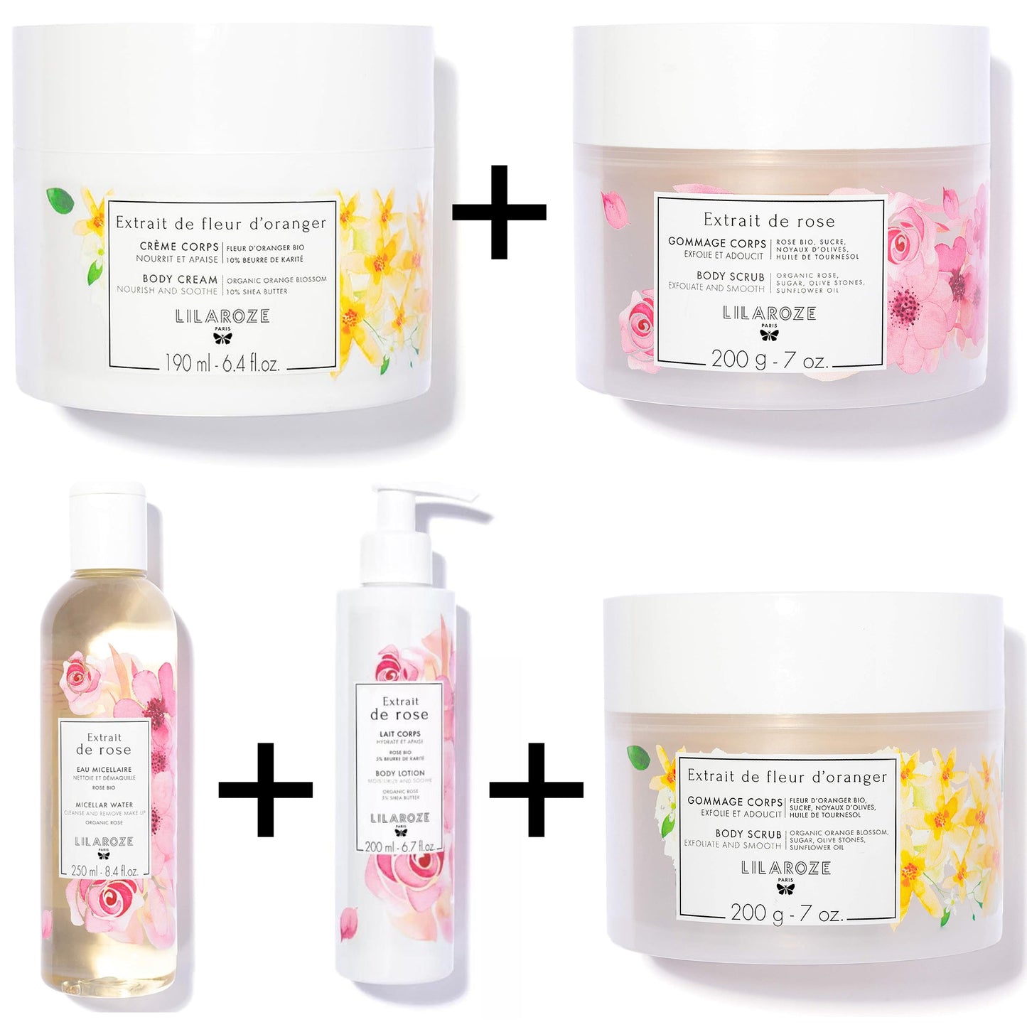 Lilaroze Paris - Pack Gommage Corps Extrait de fleurs D'oranger + Gommage Corps Extrait de rose + Creme Corps Extrait de fleur d'Oranger + Lait Corps Extrait de rose + Eau Micellaire Extrait de rose