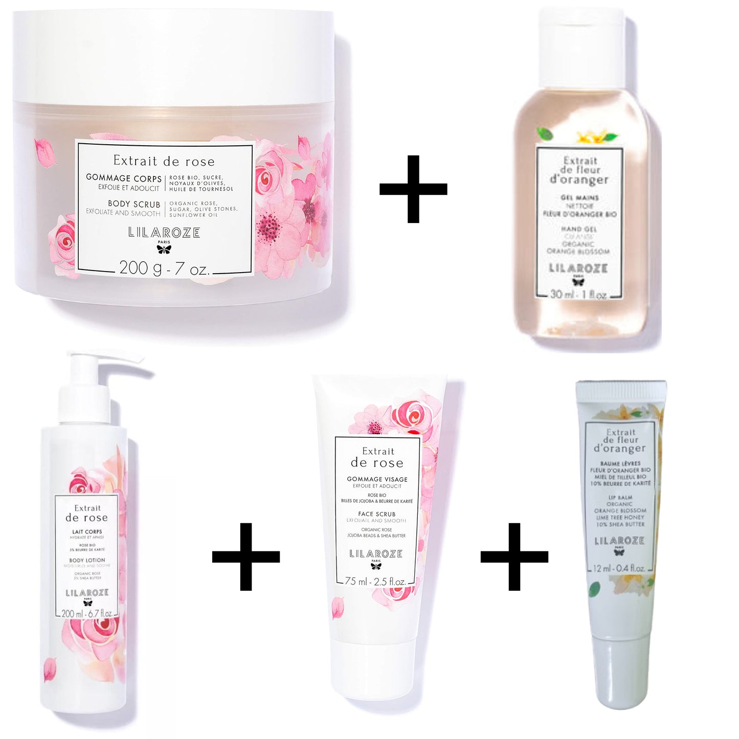 Lilaroze Paris - Pack Lait Corps Extrait de rose+ Gommage Visage Extrait de rose + Gommage Corps Extrait de rose + Baume Levres Extrait de fleur d'Oranger + Gel Main Extrait de fleur d'Oranger