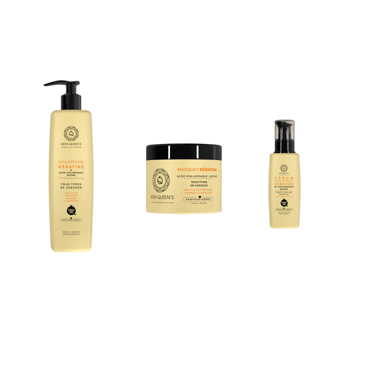 Kera Queen's - Trio Kératine Acide Hyaluronique-Biotine - Shampoing 500ml + Masque 500ml + Sérum 100ml