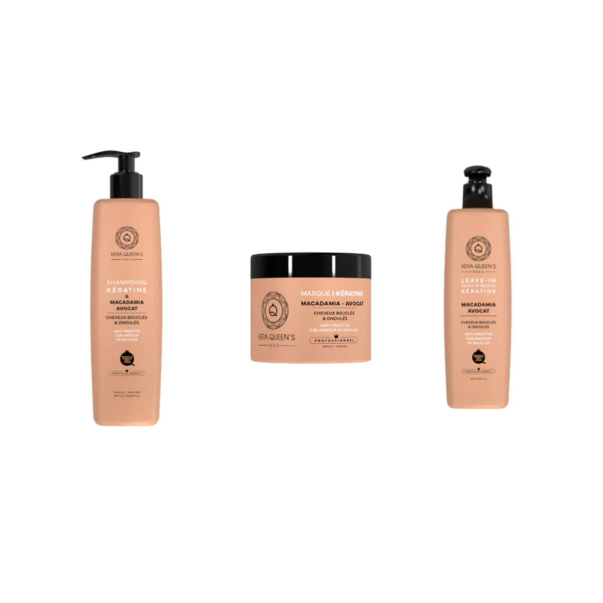 Kera Queen's - Trio Kératine et Macadamia Avocat - Shampoing 500ml + Masque 500ml + Leave-In 250 ml