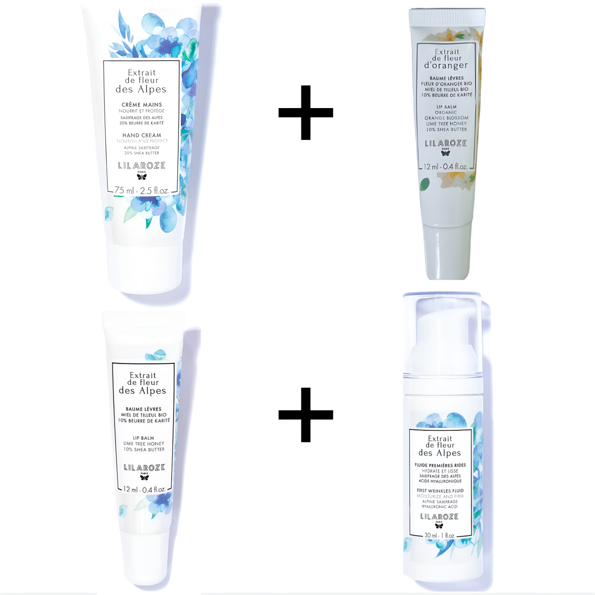 Lilaroze Paris - Pack Creme Mains Extrait de fleur des Alpes + Fluide Premieres Rides Extrait de fleur des Alpes + Baume Levres Extrait de fleur des Alpes + Baume Levres Extrait de fleur d'Oranger