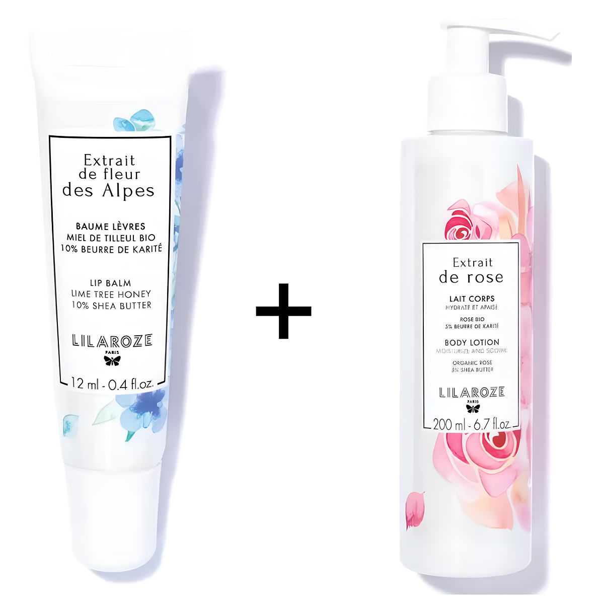 Lilaroze Paris - Pack Baume à Lèvres Extrait de Fleur Des Alpes Miel de Tilleul Bio + Lait Corps Extrait de Rose Hydrate et Apaise beurre de karité