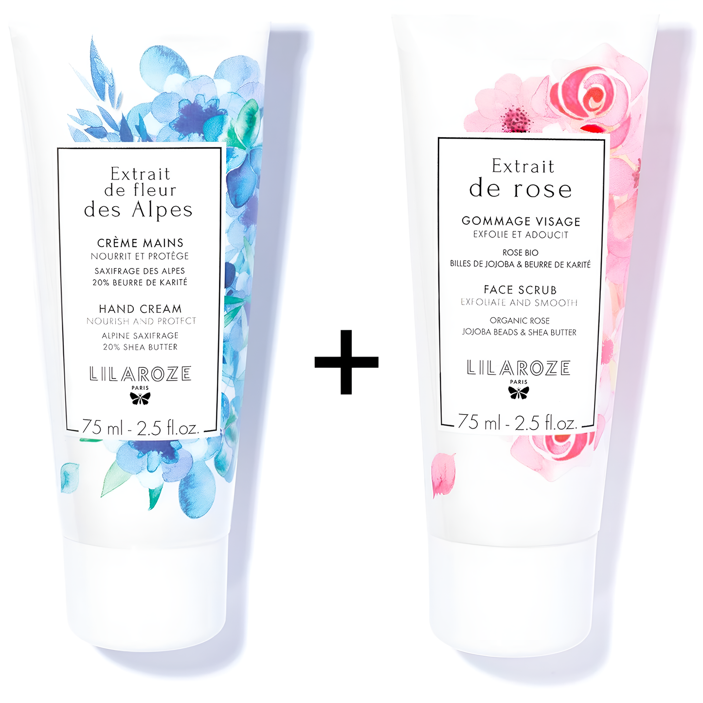 Lilaroze Paris - Pack Crème Mains Extrait de Fleur Des Alpes Nourrit et Protège + Gommage Visage Extrait de Rose Exfolie et Adoucit