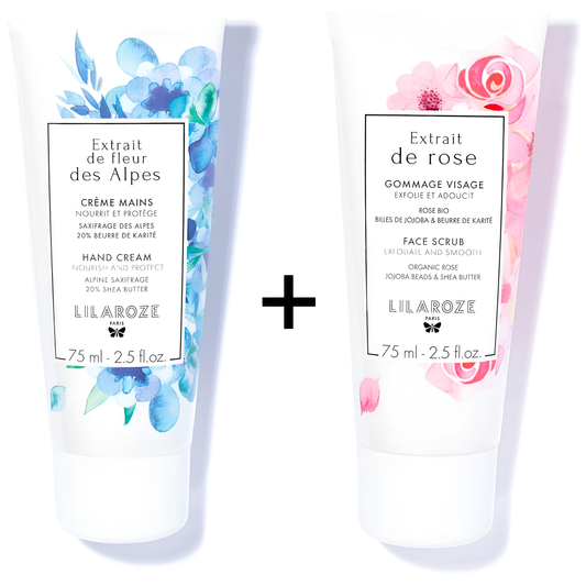 Lilaroze Paris - Pack Crème Mains Extrait de Fleur Des Alpes Nourrit et Protège + Gommage Visage Extrait de Rose Exfolie et Adoucit
