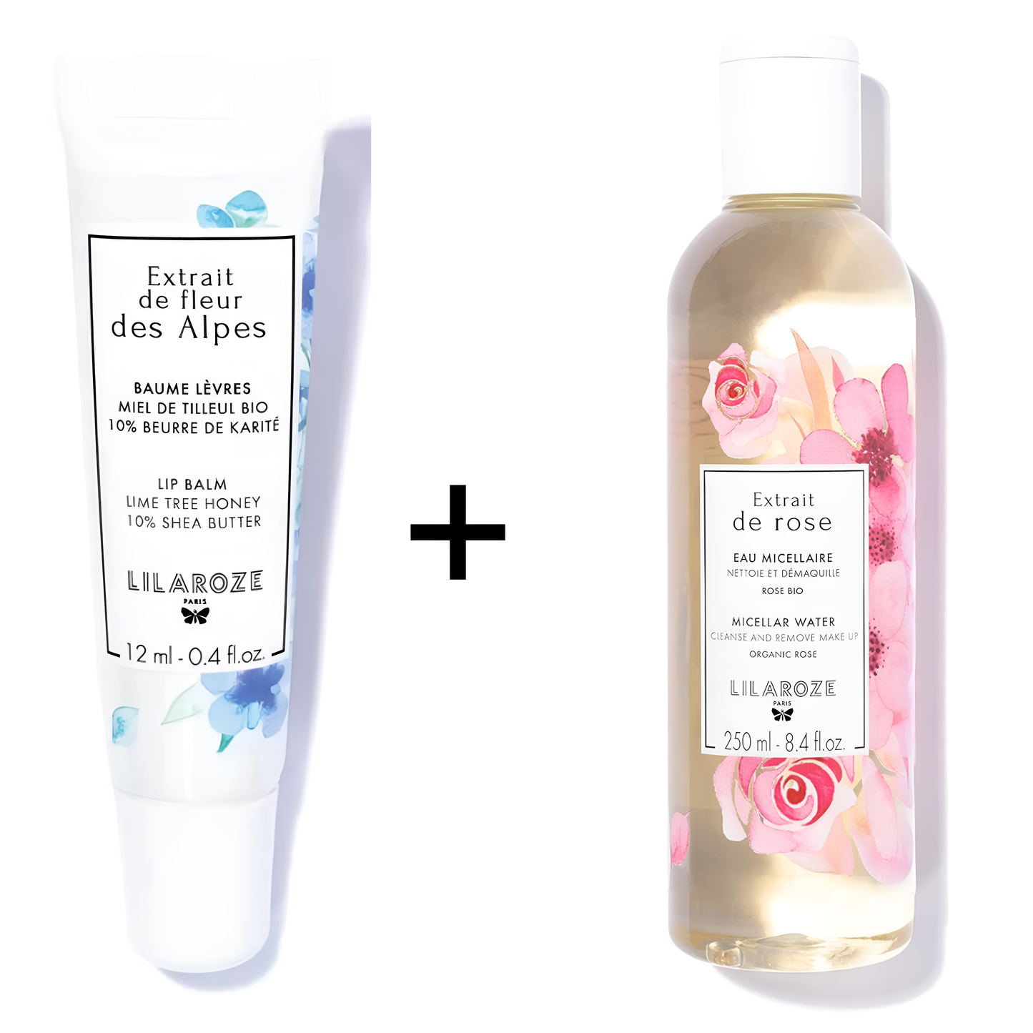 Lilaroze Paris - Pack Baume à Lèvres Extrait de Fleur Des Alpes Miel de Tilleul Bio +  Eau Micellaire Extrait de Rose Nettoie et Démaquille Bio