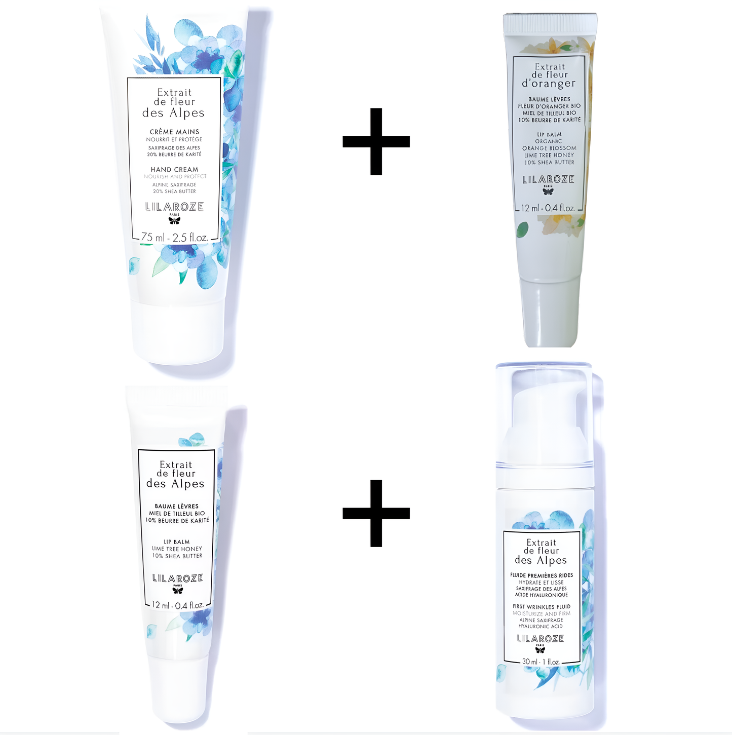 Lilaroze Paris - Pack Creme Mains Extrait de fleur des Alpes + Fluide Premieres Rides Extrait de fleur des Alpes + Baume Levres Extrait de fleur des Alpes  + Baume Levres Extrait de fleur d'Oranger