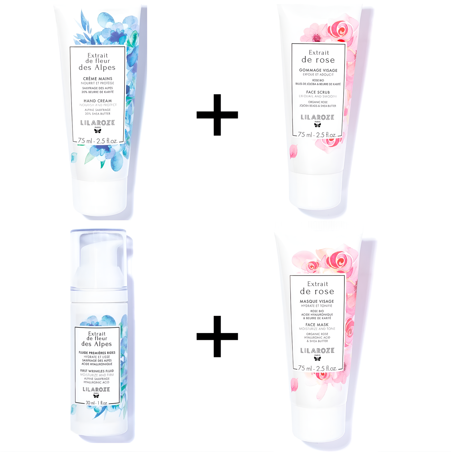 Lilaroze Paris - Pack Creme Mains Extrait de fleur des Alpes + Gommage Visage Extrait de rose + Fluide Premiere Rides Extrait de fleur des Alpes + Masque Visage Extrait de rose