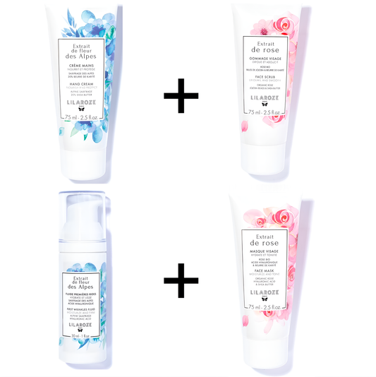 Lilaroze Paris - Pack Creme Mains Extrait de fleur des Alpes + Gommage Visage Extrait de rose + Fluide Premiere Rides Extrait de fleur des Alpes + Masque Visage Extrait de rose