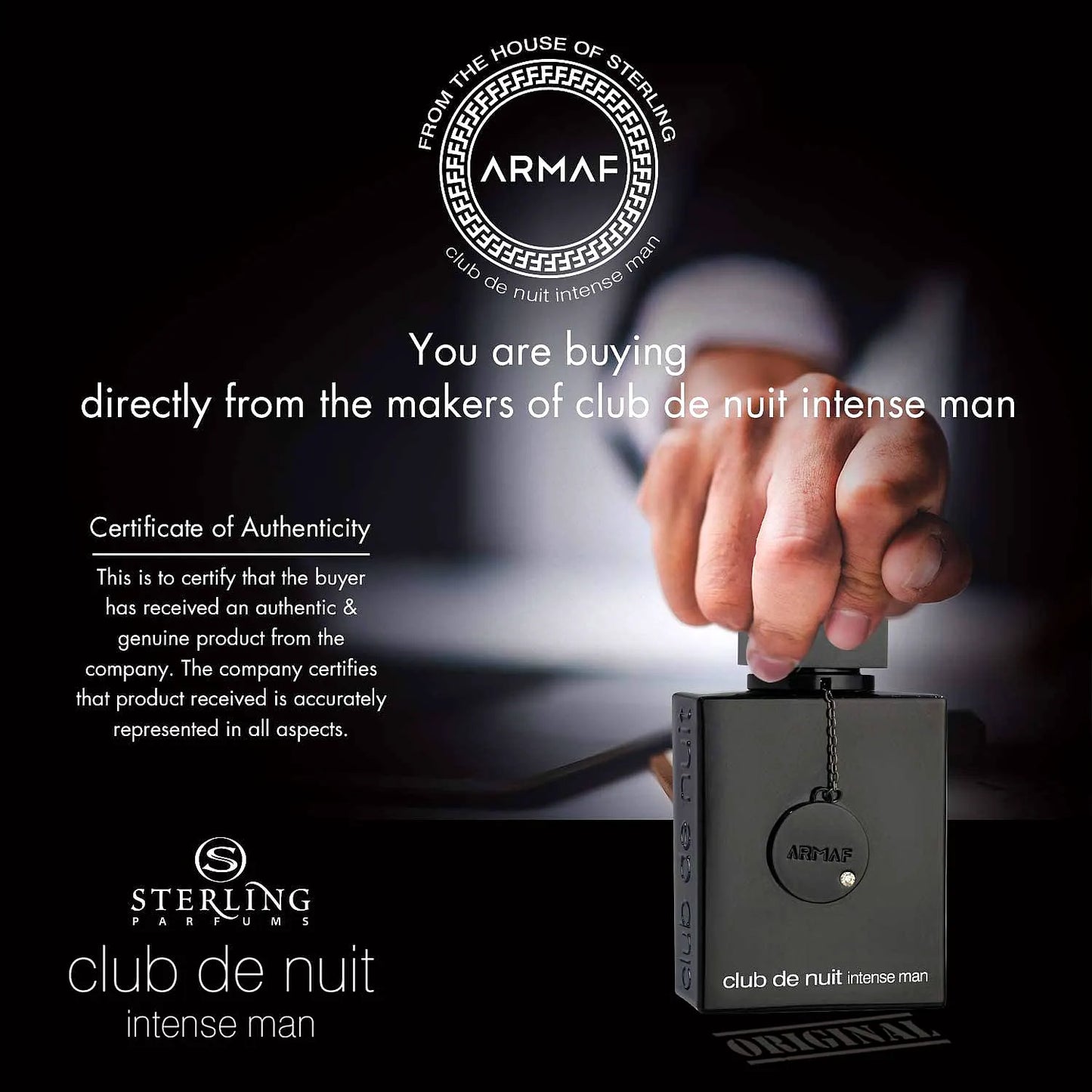 Armaf Club de Nuit Intense Eau de Toilette pour homme fragrance bottle with sleek design and golden accents.