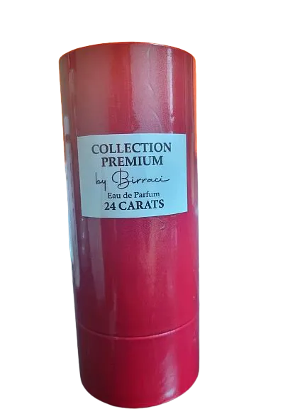 Luxurious gold-toned bottle of Collection Premium 24 carats Eau de Parfum Mixte with elegant detailing and a sophisticated design.