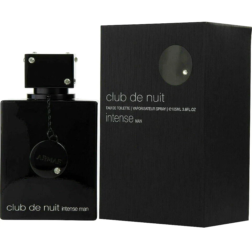 Armaf Club de Nuit Intense Eau de Toilette pour homme - a sleek, modern men's fragrance bottle with a black cap and silver accents, standing on a reflective surface.