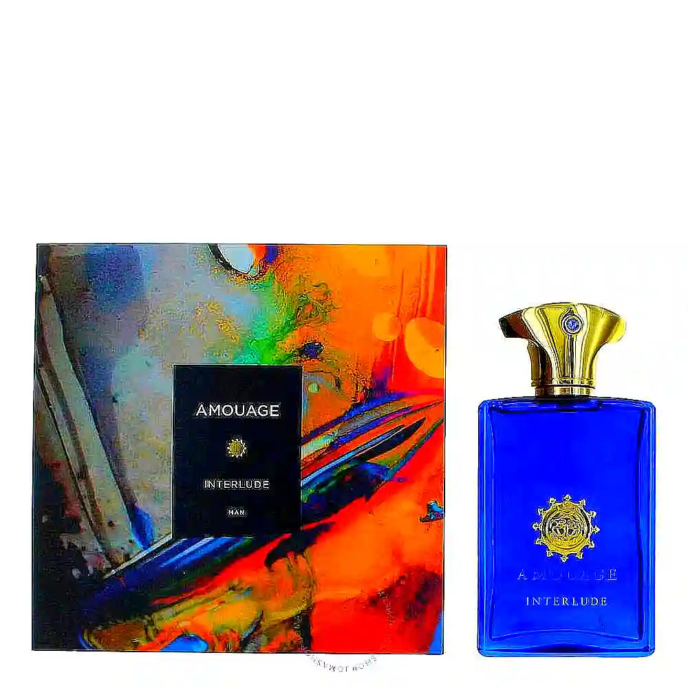 Amouage Interlude Eau de Parfum pour homme, a luxurious fragrance bottle with a sleek, dark design and gold accents, exuding elegance and sophistication.