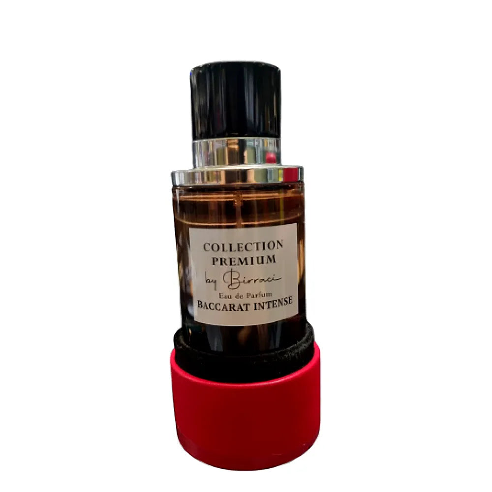Luxury Baccarat Intense Eau de Parfum bottle with elegant design, golden accents, and rich amber liquid, displayed on a sleek black background.