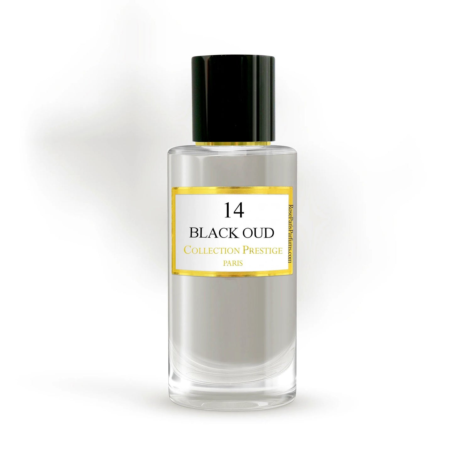 Elegant black bottle of Collection Prestige - Black Oud Eau de Parfum Mixte with gold accents and a luxurious design.