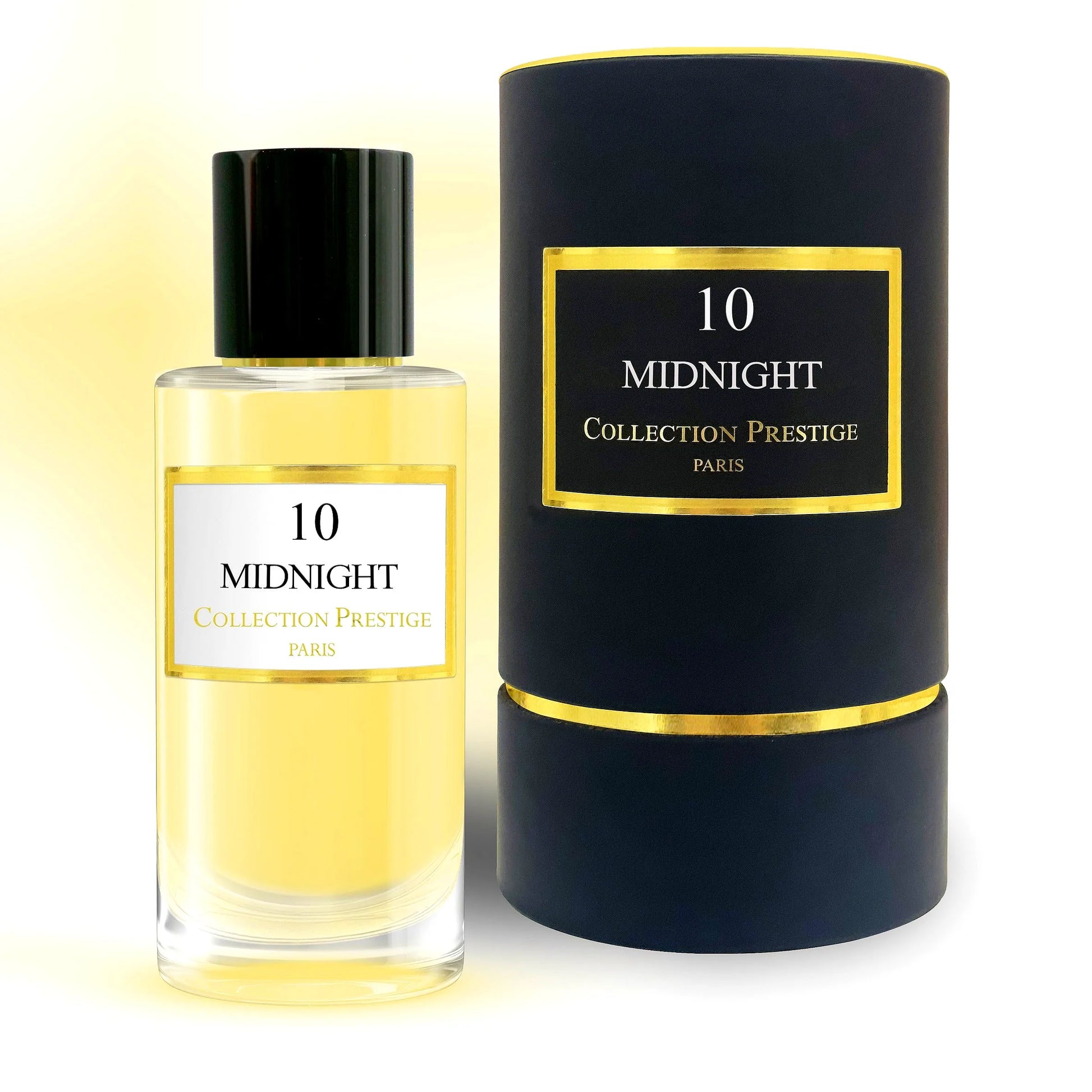 Elegant bottle of Collection Prestige - Midnight - Eau de Parfum Mixte, featuring a sleek black design with gold accents, set against a luxurious dark backdrop.