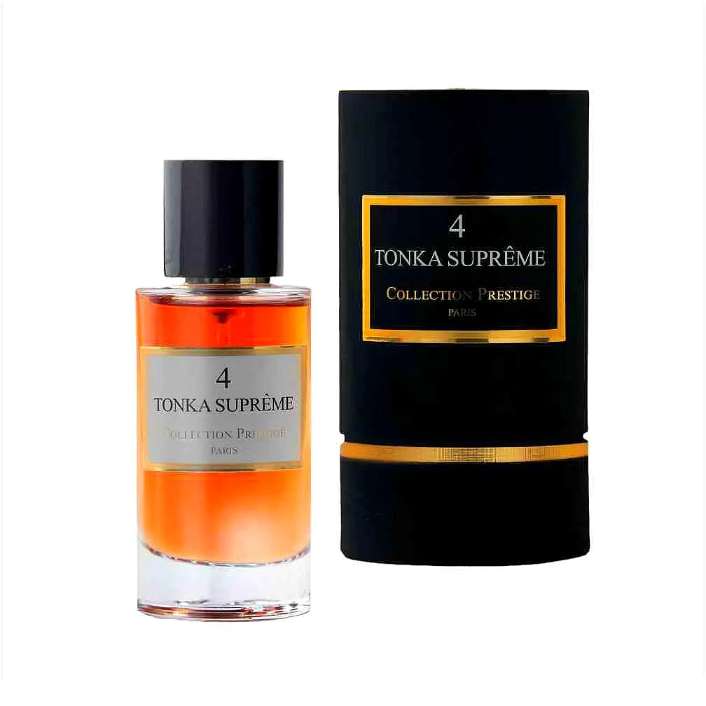 Luxury Collection Prestige Tonka Suprême unisex Eau de Parfum bottle with elegant design and golden accents.