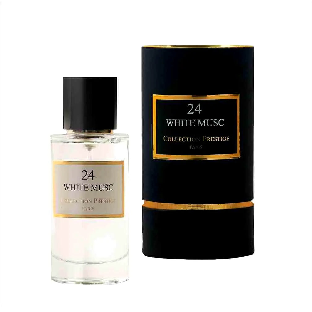 Elegant white bottle of Collection Prestige White Musc Eau de Parfum Mixte with gold accents and minimalist design.