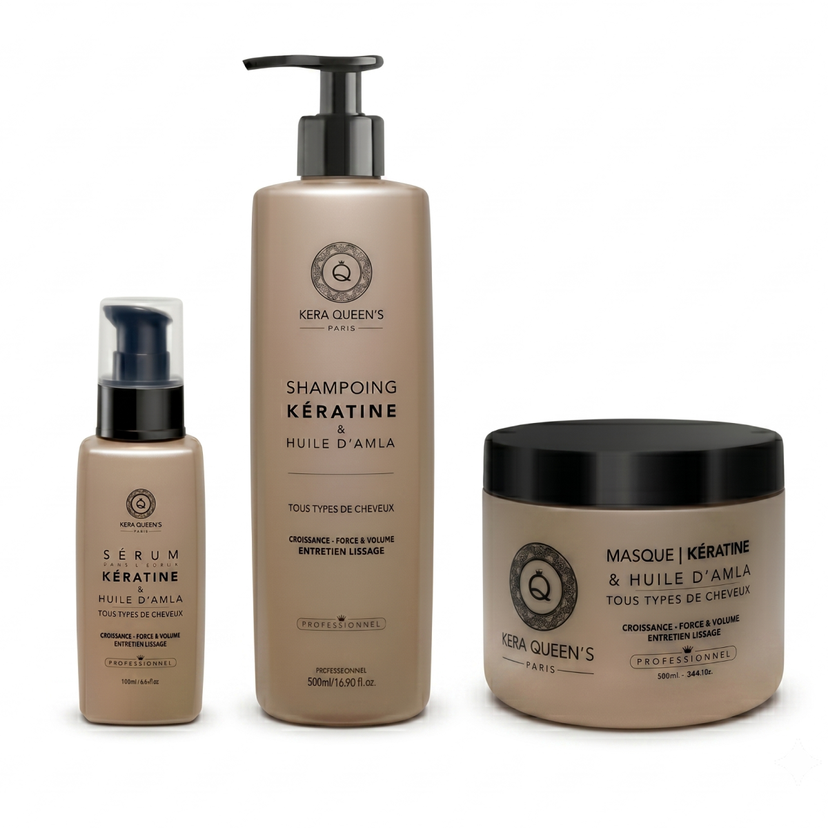 Kera Queen's - Trio Huile D’Amla et Kératine - Shampoing 500ml + Masque 500ml + Sérum 100ml