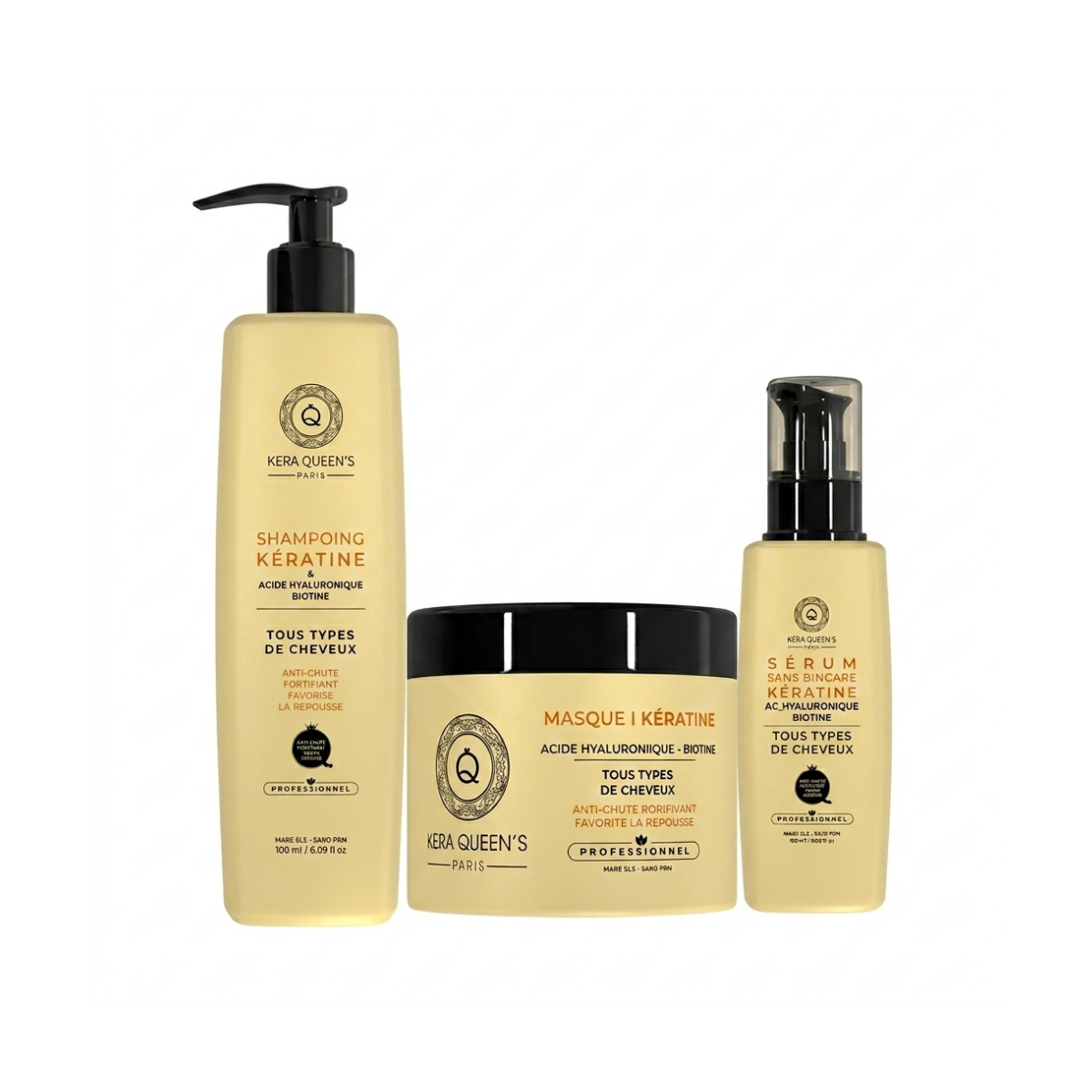 Kera Queen's - Trio Kératine Acide Hyaluronique-Biotine - Shampoing 500ml + Masque 500ml + Sérum 100ml