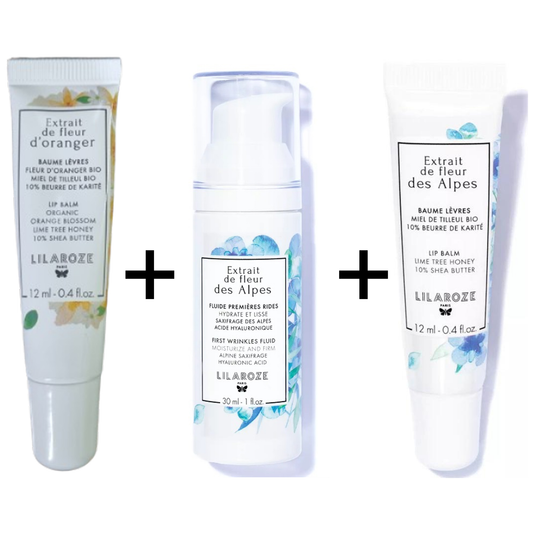 Lilaroze Paris - Pack Baume Lèvres Extrait de Fleur D'oranger Beurre de Karité +  Baume à Lèvres Extrait de Fleur Des Alpes Miel de Tilleul Bio +  Fluide Première Rides Extrait de Fleur Des Alpes Hydrate et Lisse Acide Hyaluronique