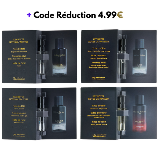 Melina Parfums - 4 échantillons Trésor D'afrique , Rose Sauvage , Baccarat Elixir , Red Magic Aïsha