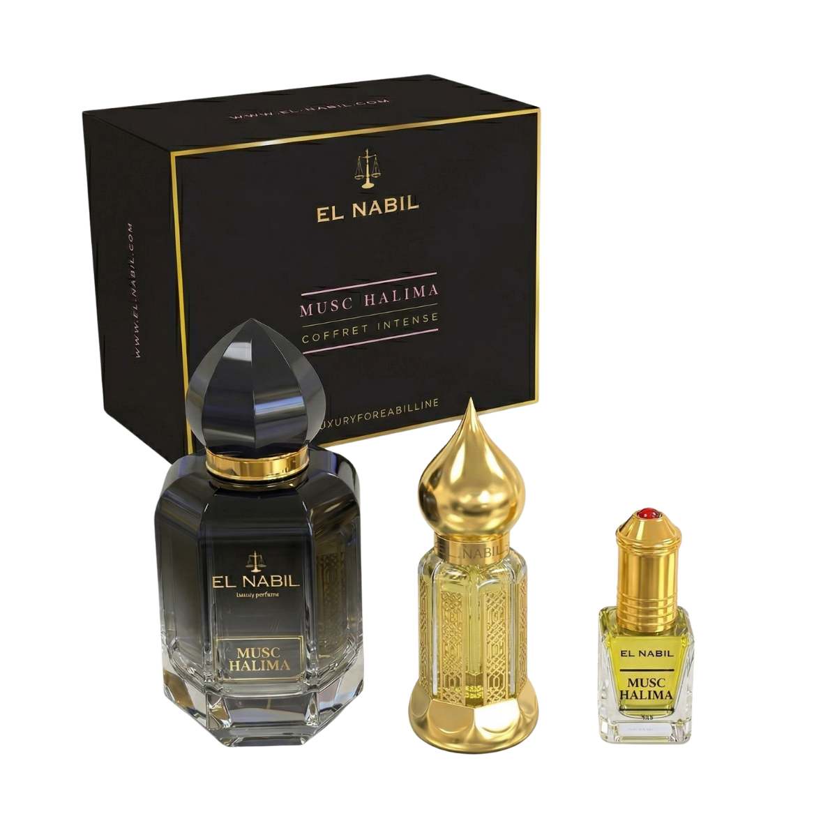 El Nabil - Coffret Prestige Musc Halima Spray 65ml + 12ml Parfum + 5ml Roll On Extrait de Parfum