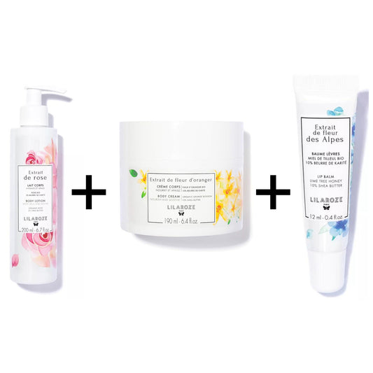 Lilaroze Paris - Pack Gommage Corps Extrait de Fleur D'oranger Bio + Lait Corps Extrait de Rose Hydrate et Apaise beurre de karité +  Baume à Lèvres Extrait de Fleur Des Alpes Miel de Tilleul Bio