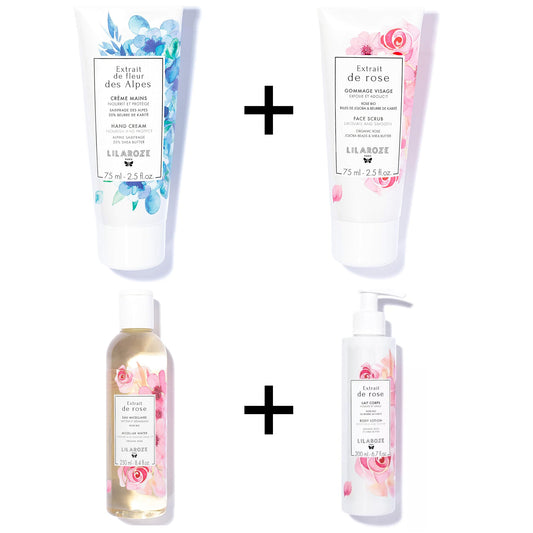 Lilaroze Paris - Pack Lait Corps Extrait de rose + Eau Micellaire Extrait de rose + Creme Mains Extrait de fleur des Alpes + Masque Visage Extrait de rose