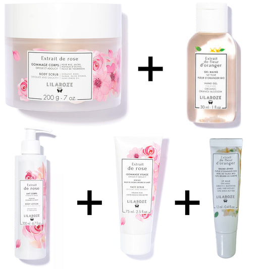 Lilaroze Paris - Pack Lait Corps Extrait de rose+ Gommage Visage Extrait de rose + Gommage Corps Extrait de rose  + Baume Levres Extrait de fleur d'Oranger +  Gel Main Extrait de fleur d'Oranger