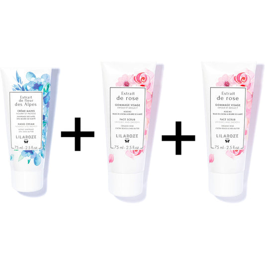 Lilaroze Paris - Pack Masque Visage Extrait de Rose Hydrate et Tonifie + Gommage Visage Extrait de Rose Exfolie et Adoucit + Crème Mains Extrait de Fleur Des Alpes Nourrit et Protège