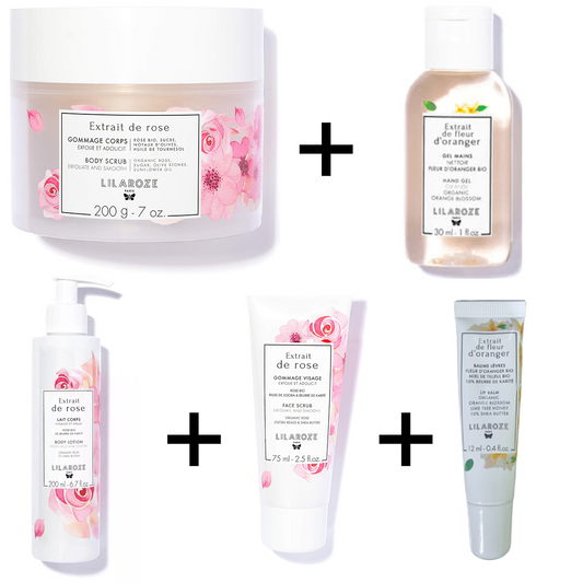 Lilaroze Paris - Pack Lait Corps Extrait de rose+ Gommage Visage Extrait de rose + Gommage Corps Extrait de rose  + Baume Levres Extrait de fleur d'Oranger +  Gel Main Extrait de fleur d'Oranger