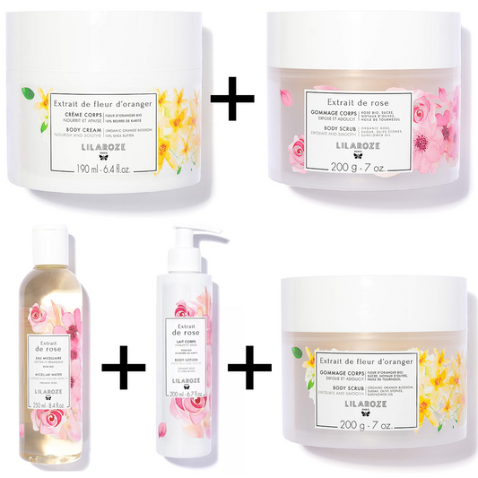 Lilaroze Paris - Pack Gommage Corps Extrait de fleurs D'oranger +  Gommage Corps Extrait de rose + Creme Corps Extrait de fleur d'Oranger  + Lait Corps Extrait de rose +   Eau Micellaire Extrait de rose