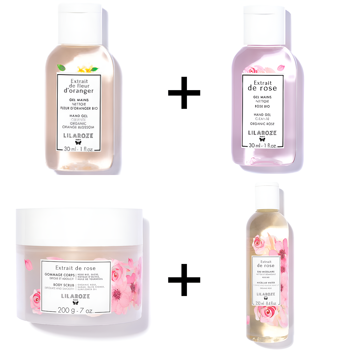 Lilaroze Paris - Pack Gel Mains Extrait de fleurs D'oranger + Eau Micellaire Extrait de rose + Gel Main Extrait de rose + Gommage Corps Extrait de rose