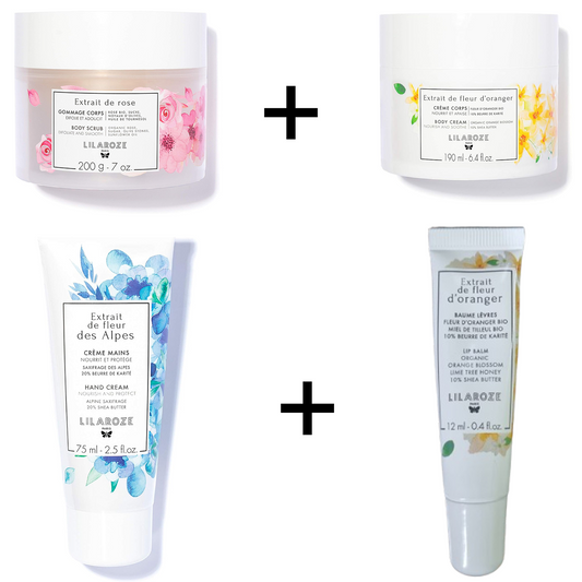 Lilaroze Paris - Pack Creme Corps Extrait de fleur d'Oranger + Baume Levres Extrait de fleur d'oranger + Creme Mains Extrait de fleur des Alpes + Gommage Corps Extrait de rose