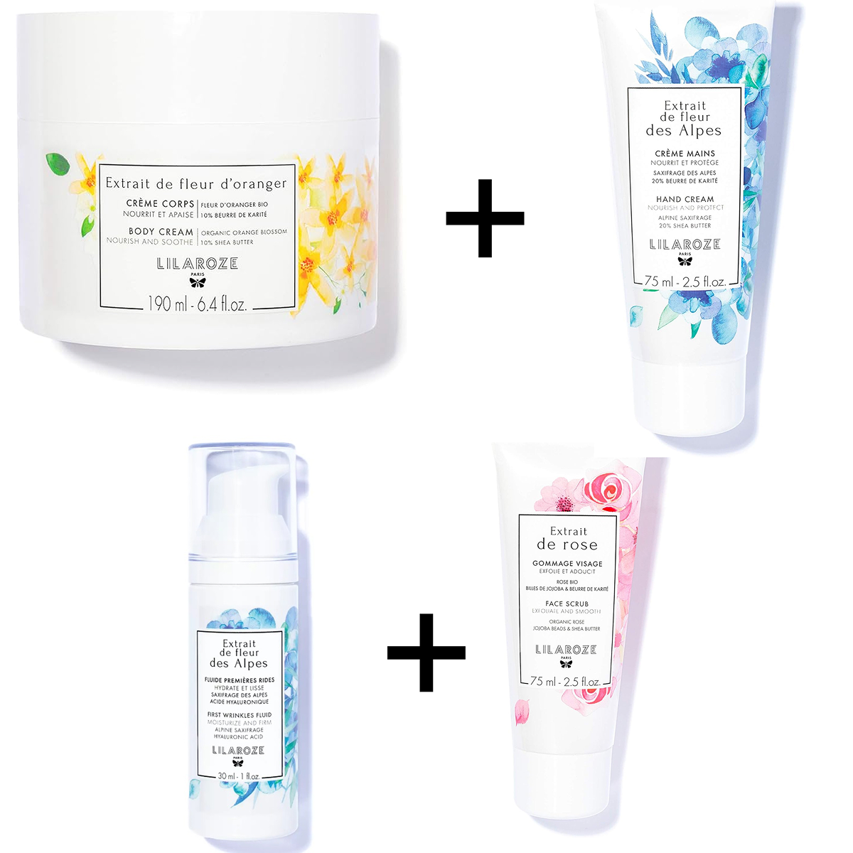 Lilaroze Paris - Pack Masque Visage Extrait de rose + Fluide Premiere Rides Extrait de fleur des Alpes + Creme Mains Extrait de fleur des Alpes + Creme Corps Extrait de fleur d'Oranger