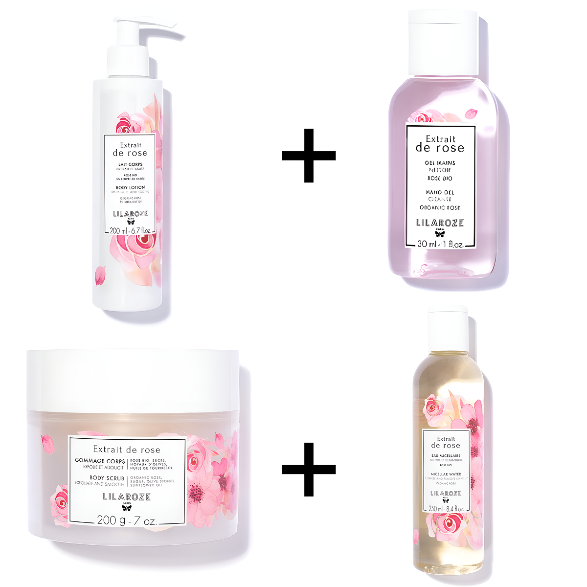Lilaroze Paris - Pack Gel Mains Extrait de rose + Eau Micellaire Extrait de rose + Lait Corps Extrait de rose + Gommage de corps Extrait de rose
