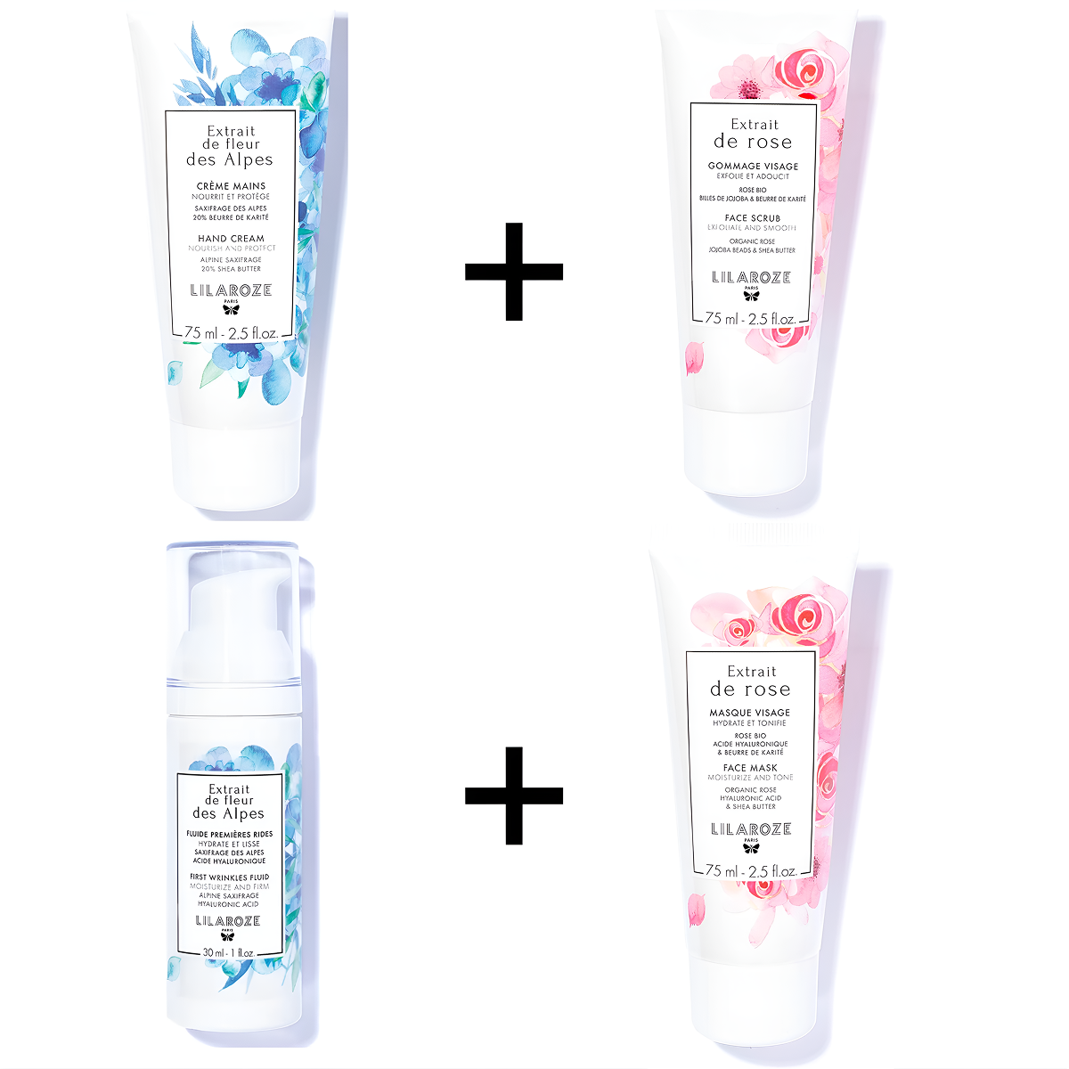 Lilaroze Paris - Pack Creme Mains Extrait de fleur des Alpes + Gommage Visage Extrait de rose + Fluide Premiere Rides Extrait de fleur des Alpes + Masque Visage Extrait de rose