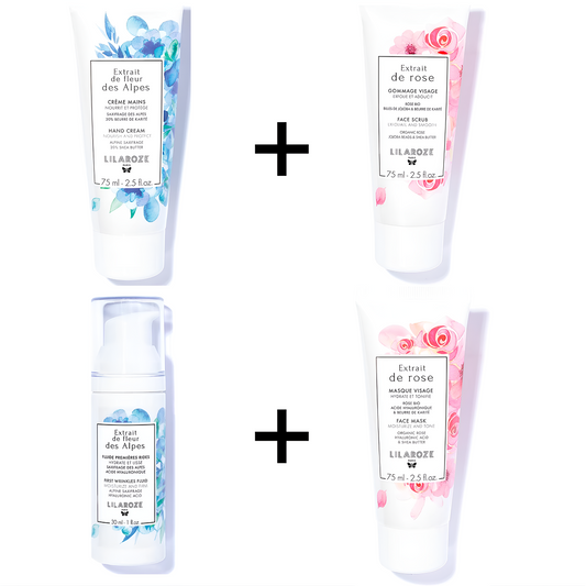 Lilaroze Paris - Pack Creme Mains Extrait de fleur des Alpes + Gommage Visage Extrait de rose + Fluide Premiere Rides Extrait de fleur des Alpes + Masque Visage Extrait de rose