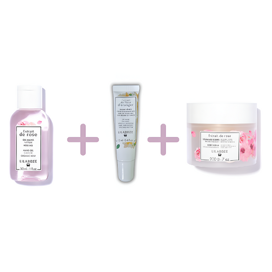 Lilaroze Paris - Pack Gel Mains Nettoyant Extrait de Rose + Baume Lèvres Extrait de Fleur D'oranger Beurre de Karité +  Gommage Corps Extrait de Rose Bio