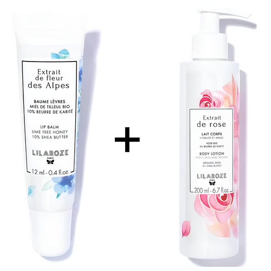Lilaroze Paris - Pack Baume à Lèvres Extrait de Fleur Des Alpes Miel de Tilleul Bio + Lait Corps Extrait de Rose Hydrate et Apaise beurre de karité