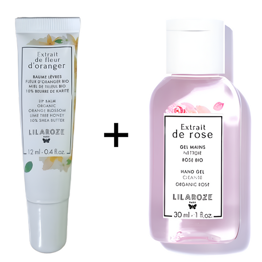 Lilaroze Paris - Pack Baume Lèvres Extrait de Fleur D'oranger Beurre de Karité + Gel Mains Nettoyant Extrait de Rose