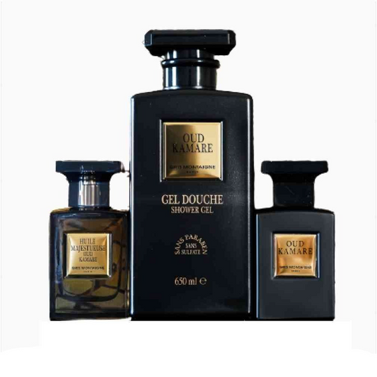 Gris Montaigne - Oud Kamare - Coffret Parfum Oud Kamare 75 ML + Gel Douche 650 ML + Huile Sèche 75 ML
