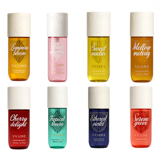 VV love - Pack Luminous Bloom + Fruity Symphony + Sweet Nectar + Mellow Melody + Cherry Delight + Tropical Breeze + Ethereal Violet + Serene Grove - Brume Parfumée pour femme