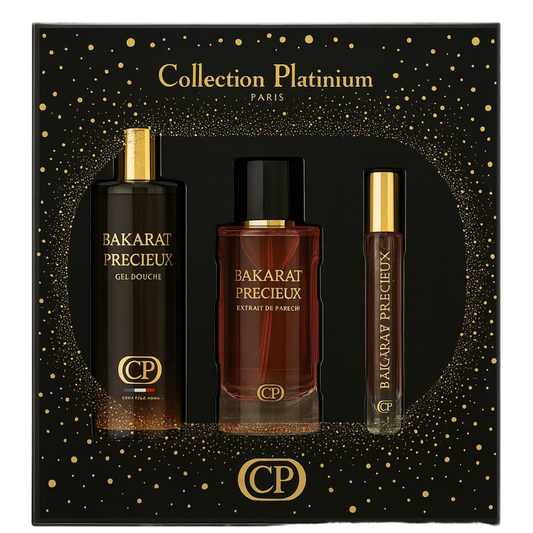 Collection Platinum - Coffret Bakarat Précieux Extrait de Parfum 100ml + Gel Douche 250ml + Extrait 10ml