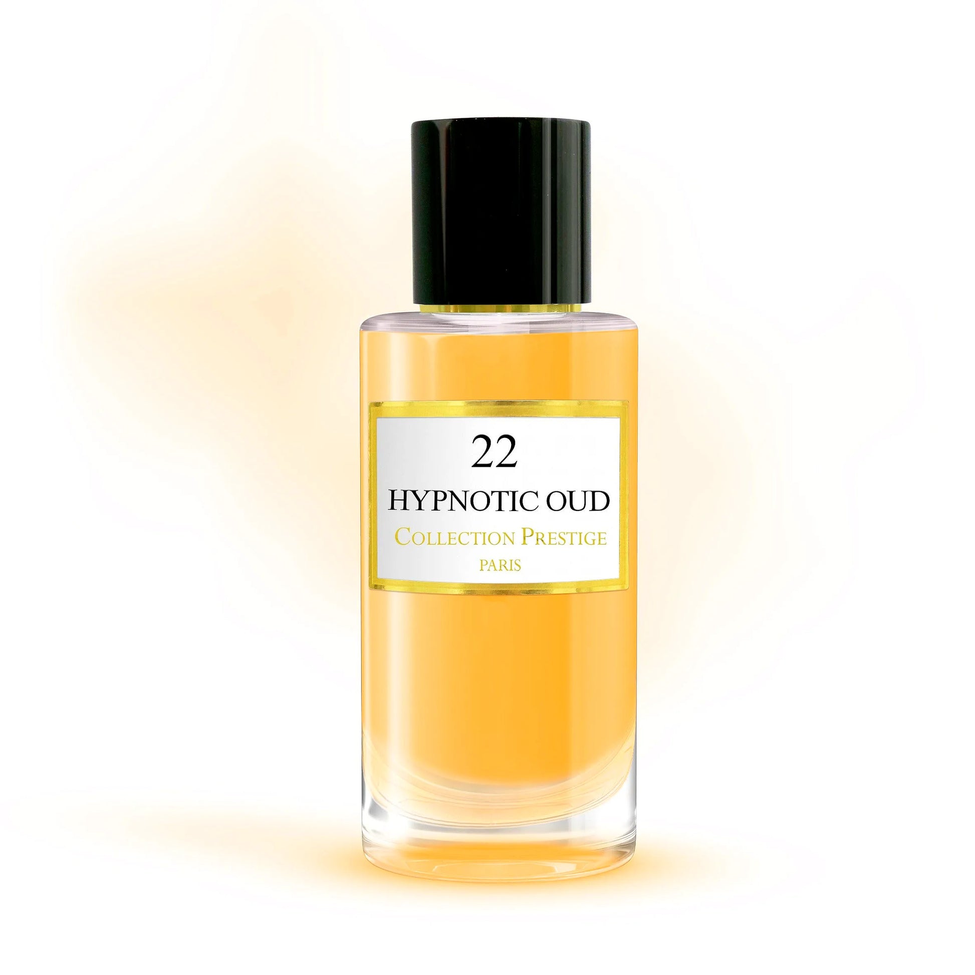 Luxurious bottle of Collection Prestige Hypnotic Oud Eau de Parfum Mixte with elegant gold accents and a sleek black design.