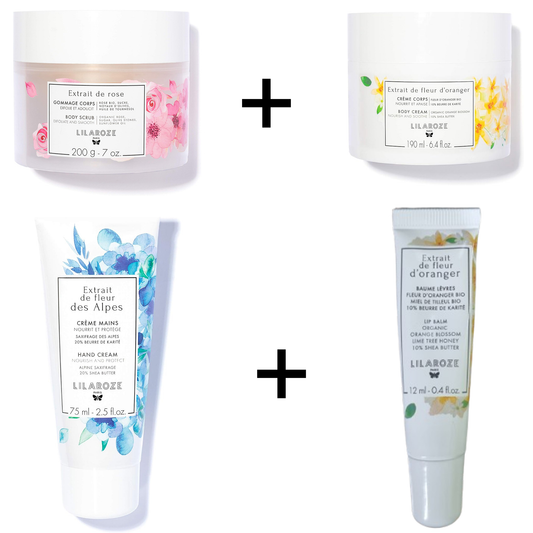 Lilaroze Paris - Pack Creme Corps Extrait de fleur d'Oranger + Baume Levres Extrait de fleur d'oranger + Creme Mains Extrait de fleur des Alpes + Gommage Corps Extrait de rose
