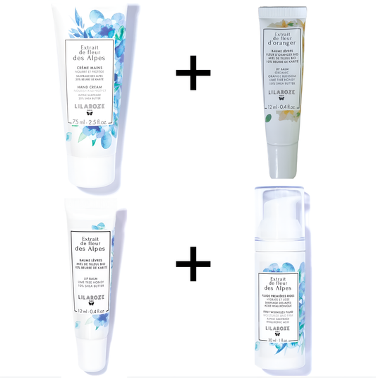 Lilaroze Paris - Pack Creme Mains Extrait de fleur des Alpes + Fluide Premieres Rides Extrait de fleur des Alpes + Baume Levres Extrait de fleur des Alpes  + Baume Levres Extrait de fleur d'Oranger