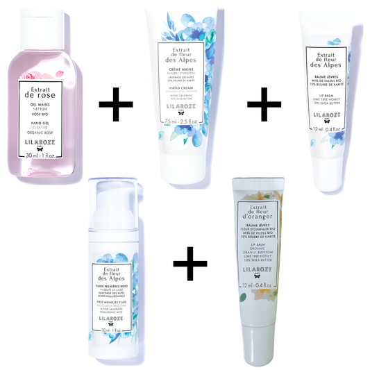 Lilaroze Paris - Pack Creme Mains Extrait de fleur des Alpes + Fluide Premieres Rides Extrait de fleur des Alpes + Baume Levres Extrait de fleur des Alpes  + Baume Levres Extrait de fleur d'Oranger +  Gel Main Extrait de rose