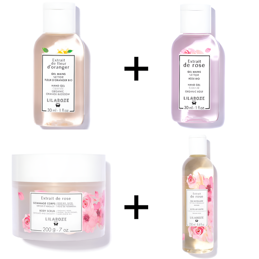 Lilaroze Paris - Pack Gel Mains Extrait de fleurs D'oranger + Eau Micellaire Extrait de rose + Gel Main Extrait de rose + Gommage Corps Extrait de rose